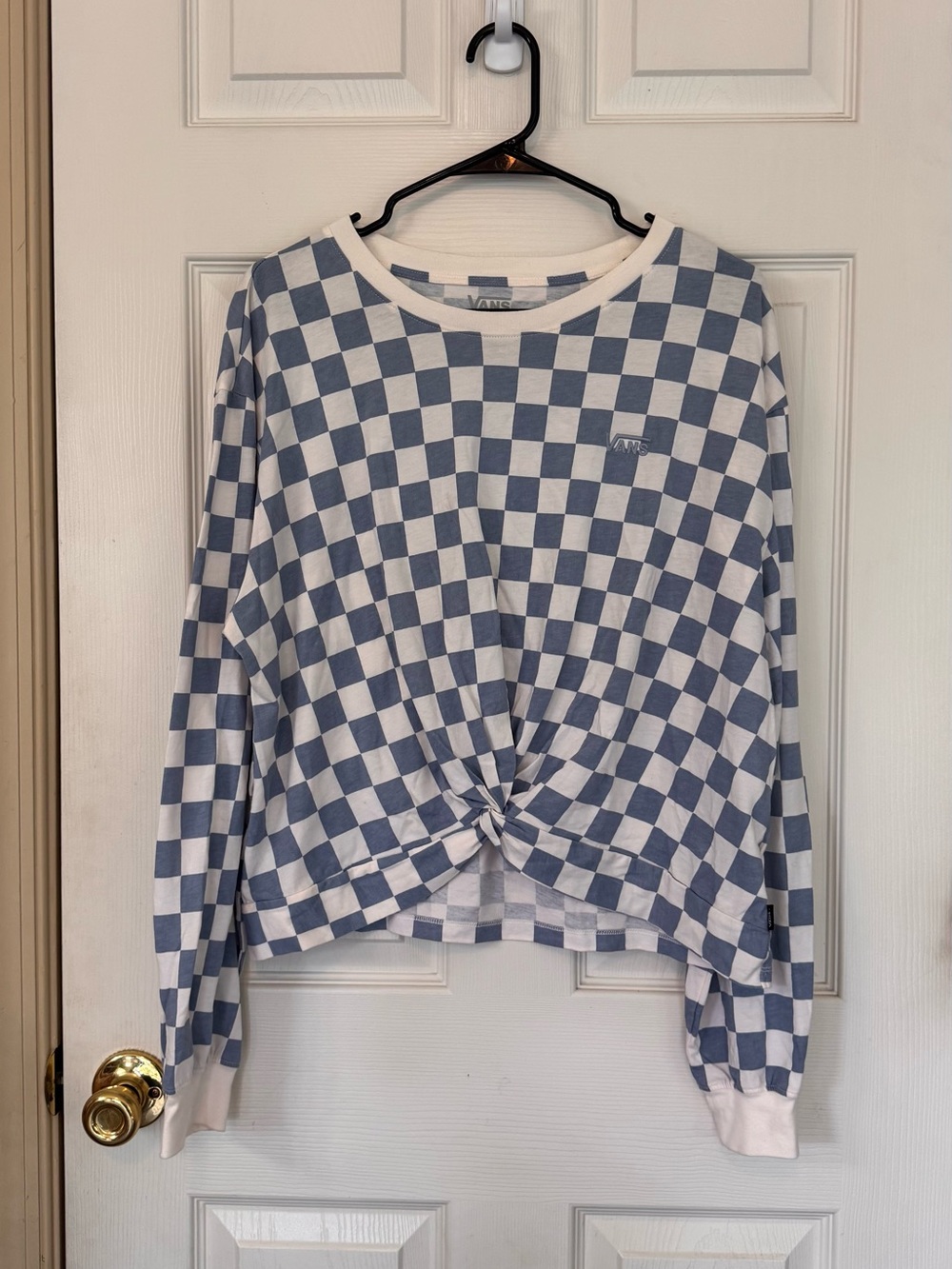 VANS Printed Knotty Long Sleeve Tee Ashley Check Blue White T-Shirt Top Cotton
